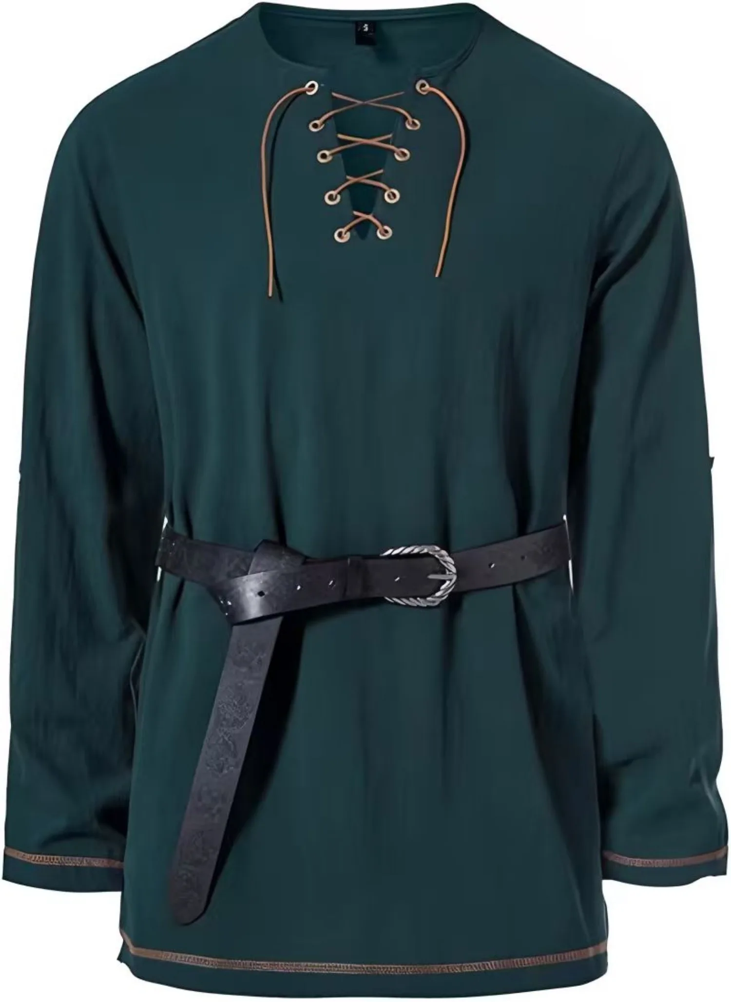 Mittelalterliches Schnür-Tunika-Hemd für Herren, Renaissance-Wikinger-Piratenkostüm, langärmliges Retro-Oberteil mit Gürtel für Halloween-Cosplay – Detail 39
