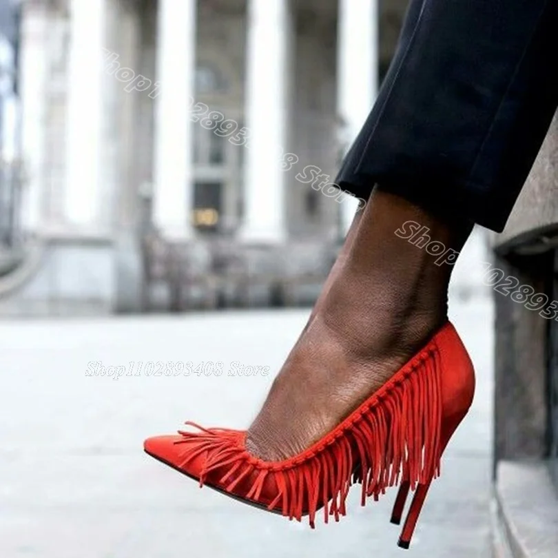 

Red Tassel Style Flock Pumps Pointed Toe Solid Fashion British Style Party Dress Design for Women Shoes 2024 Zapatos Para Mujere