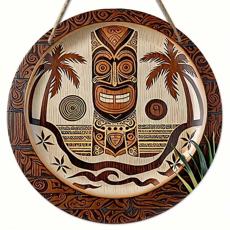 1pc Vintage Tiki Hawaiian Tropical Wall Decor - with Hawaiian Tiki Mask, Artificial Wood Circle Art for Home, Bar, Restaurant, C