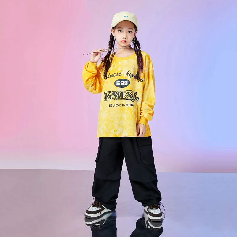 

Kids Hip Hop Suit Modern Street Dance Yellow Tops Black Pants Girls Jazz Dance Outfits Boys Catwalk Show Stage Outfits DQL7735