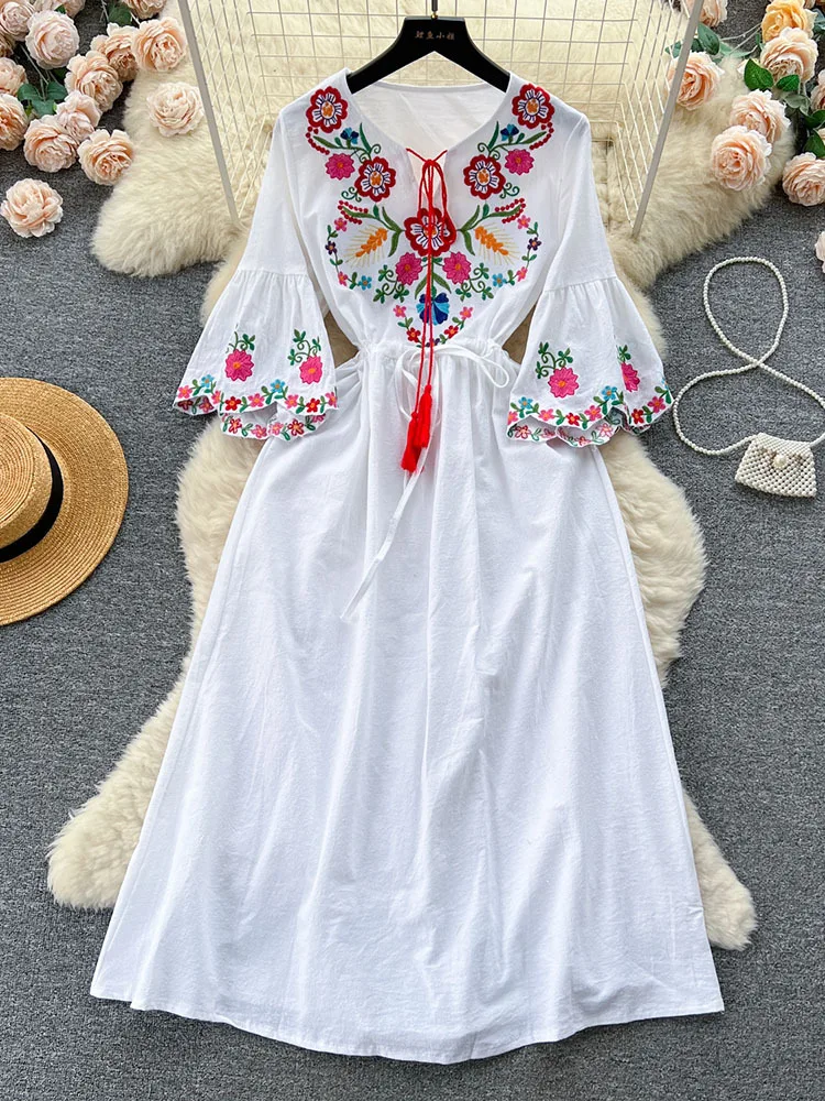 Women Summer Dress With New Minority Retro National Wind Heavy Industry Embroidery Lace Waist Horn Sleeve Fairy Vacation D4887