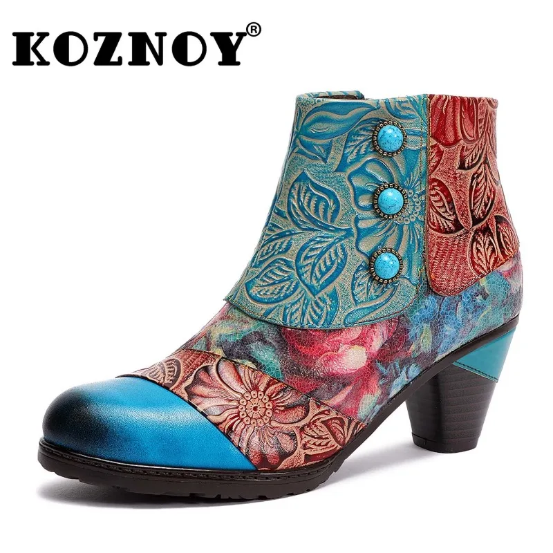 

Koznoy 6cm Colorful Cow Genuine Leather PU Microfiber Warm Women Warm Big Size Fashion Ethnic Boots Winter Print ZIP Plush Shoes