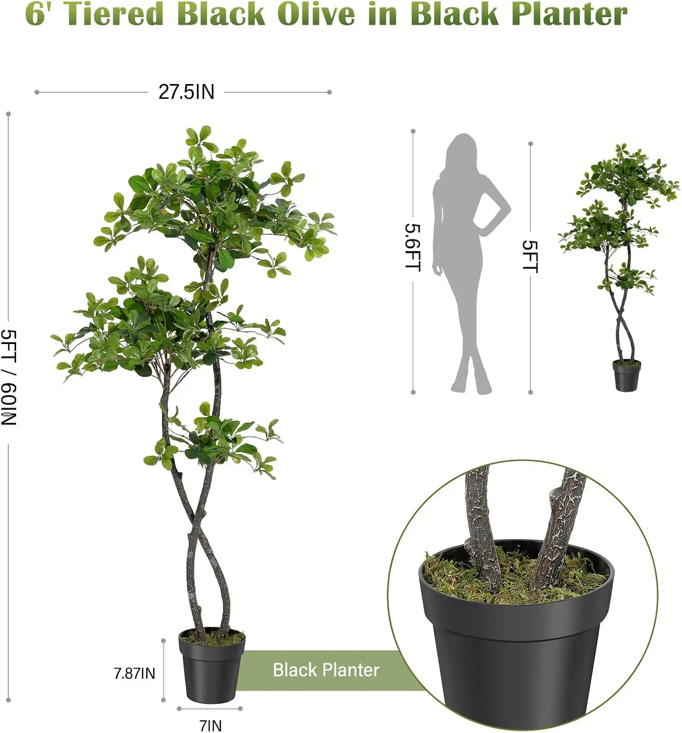 Artificial Plants Indoor, 5/6 ft Fake Black Olive Tree with Pot | Tall Fake Plants in Plastic Nursery Pot Fake Tree Artificial Trees for Home Decor Office Living Room