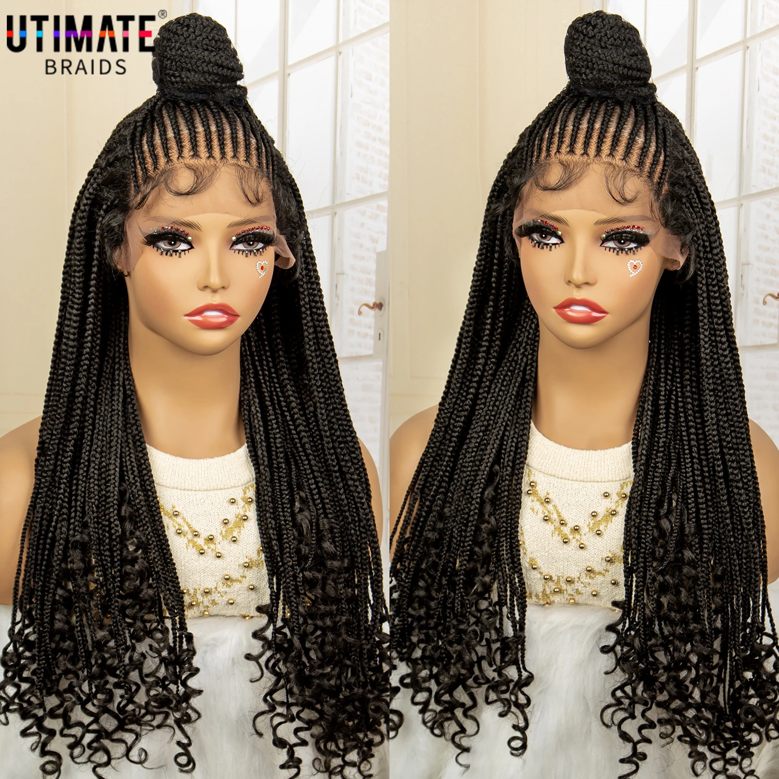 Parrucche intrecciate Updo parrucca intrecciata di Cornrow sintetica con estremità ricci per trecce annodate frontali in pizzo da donna nere con i capelli del bambino