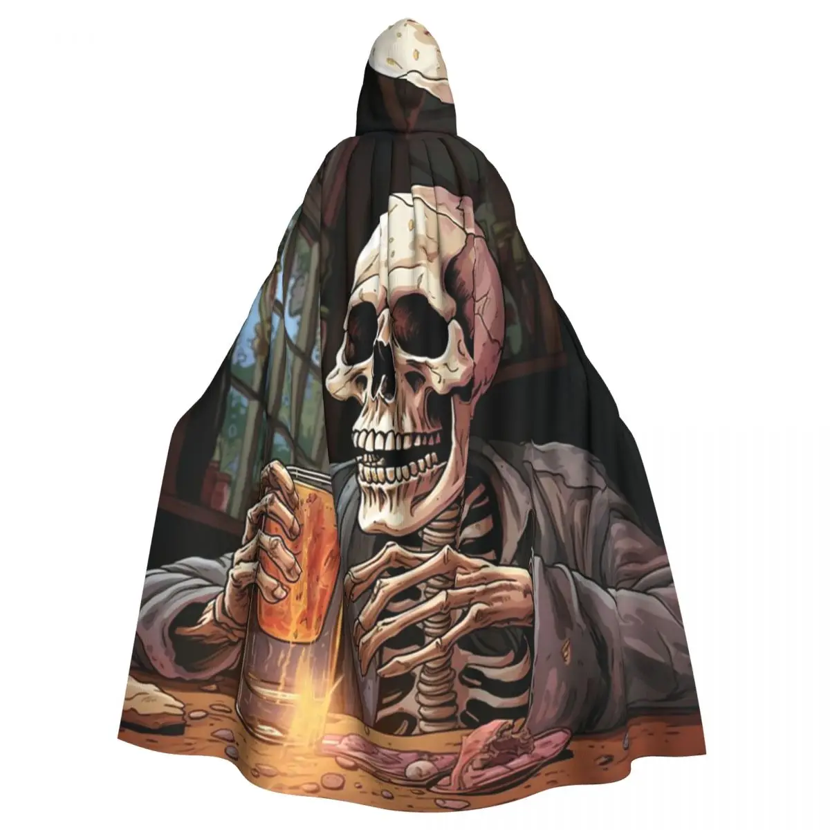 Drunk Skull Halloween Long Hooded Cloak Witch Medieval Costume Cosplay Cape HalloweenVampire Adult Unisex