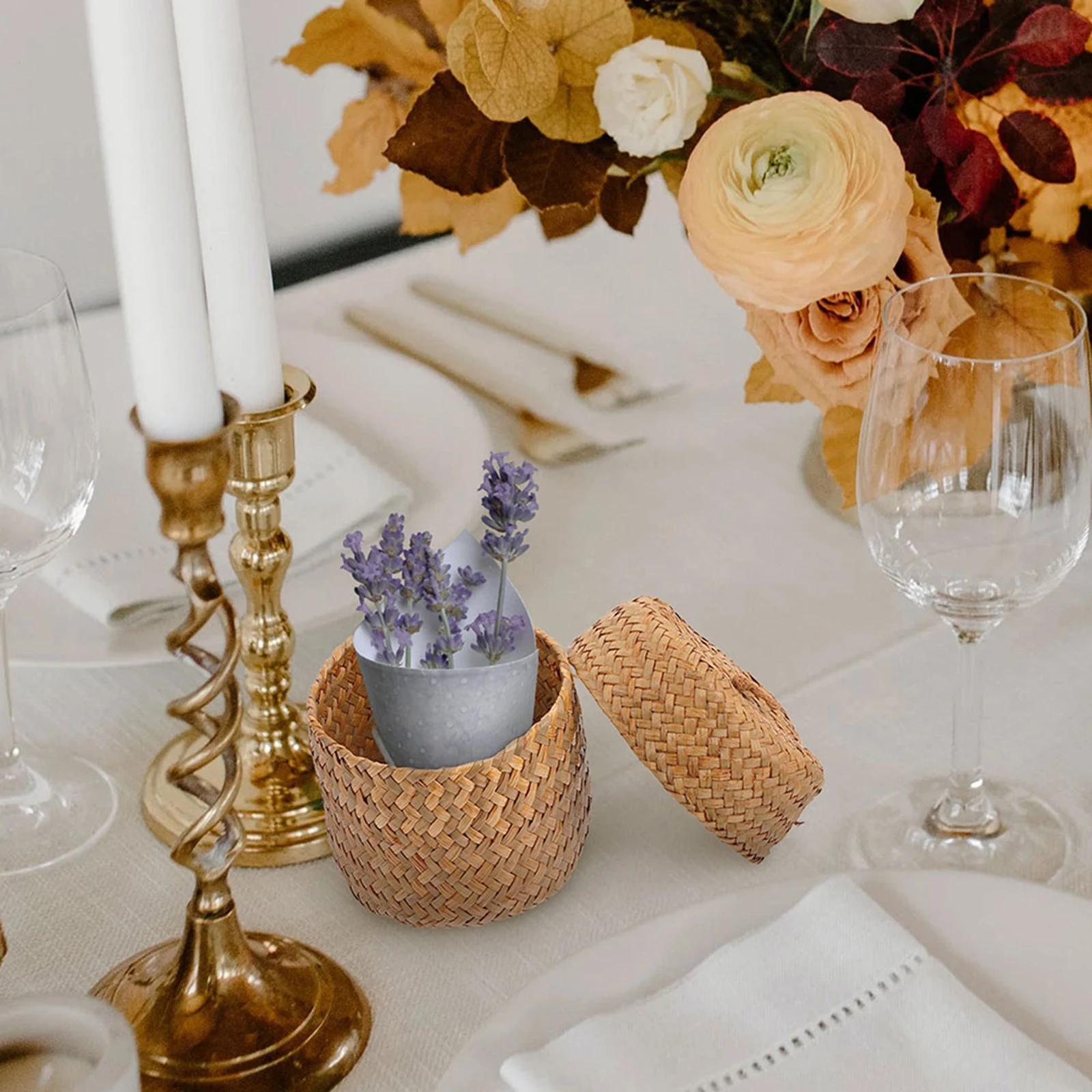 

2pcs Woven Box Seagrass Handmade Gift Basket With Lid For Kitchen Home Decor Sundries Organizer Desktop Storage Bin Household