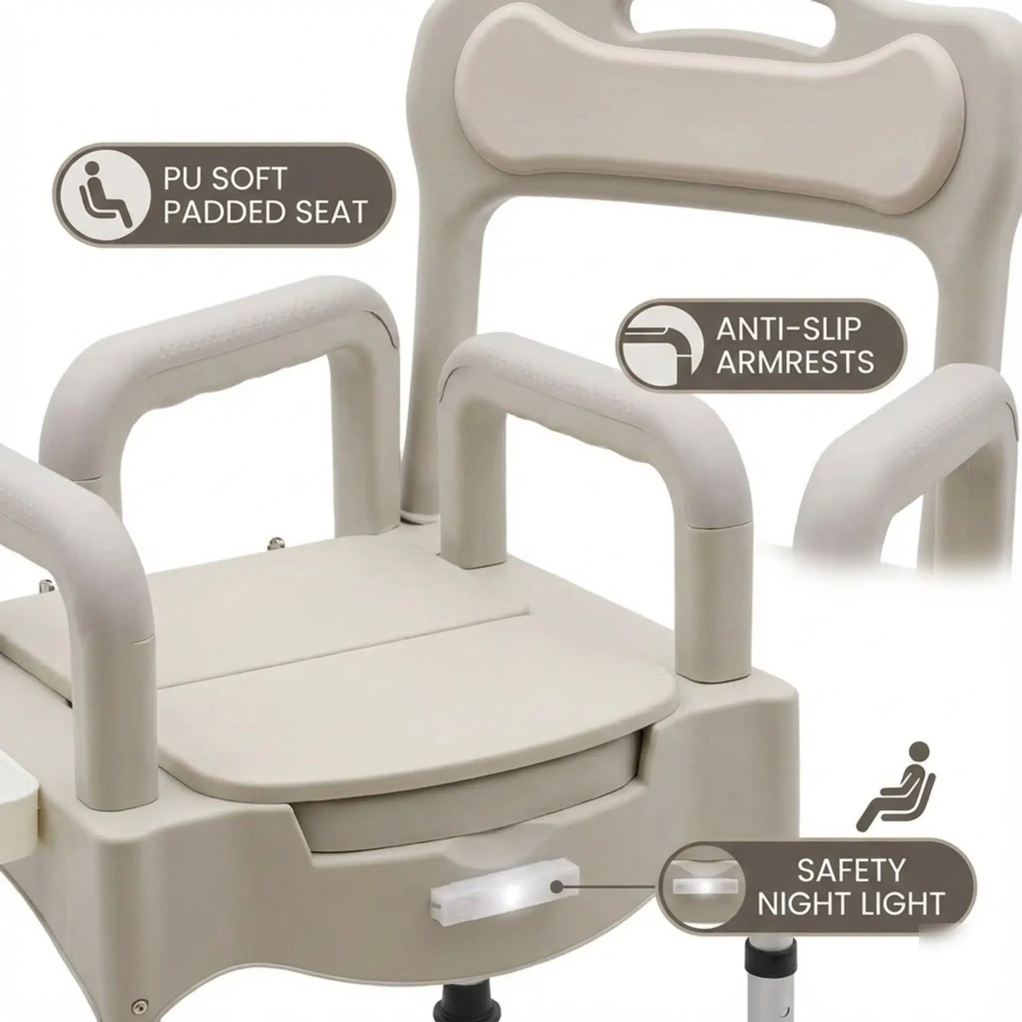 كرسي ريا وايت شديد التحمل بجانب السرير، ارتفاع قابل للتعديل، ضوء ليلي لكبار السن #4