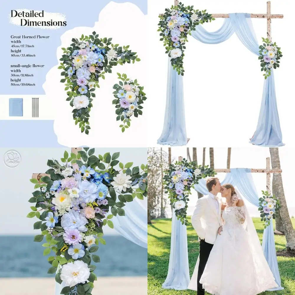 

Set of 3 Artificial Flower Arches with 2 Arrangements and Sheer Drape for Wedding Reception Sky Blue Decor