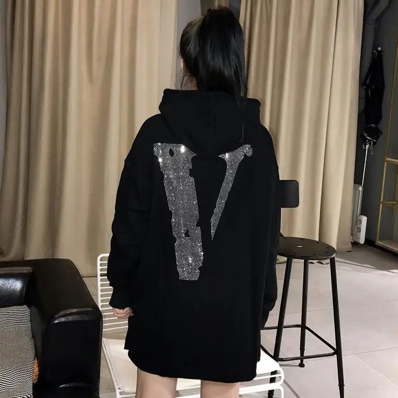 Female Clothes Hooded Glitter Tops Sequin Text Sweatshirts for Women Black Baggy Letter Printing Loose Rhinestone Hoodies Cotton