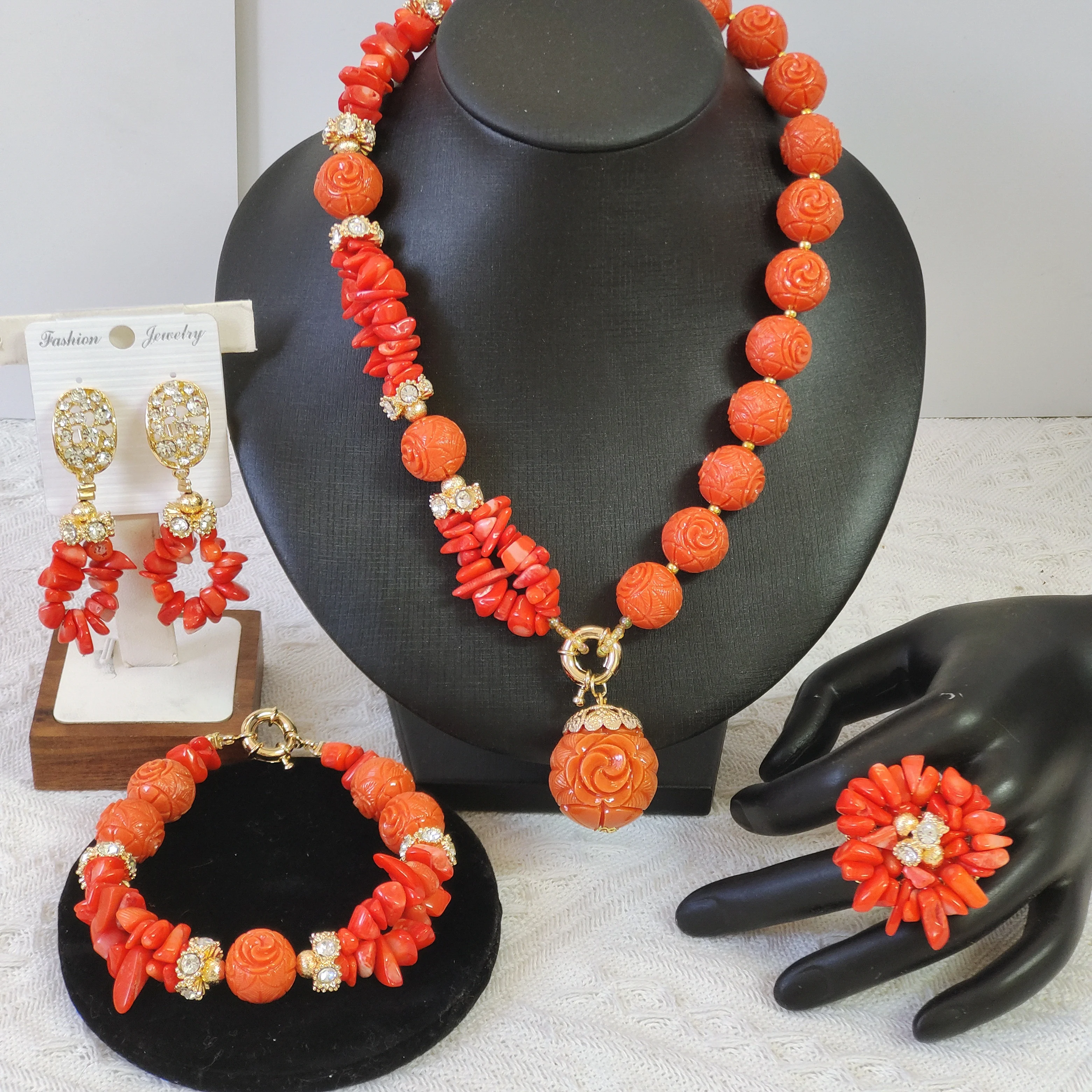 

New Orange Coral Beads Nigerian Wedding Bridal Jewelry Sets