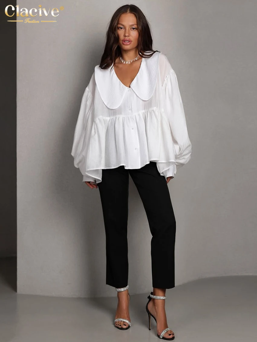 Clacive Fashion Loose White Women's Shirt 2025 Casual Lapel Long Sleeve Shirts Elegant Classic Solid Blusas Top Female Clothing