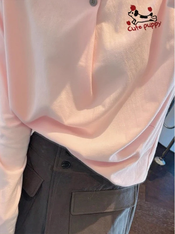 Chic coreano Sle Cartoon Print Pink Or Sve T-shirt rotonda Ne Button Design Piccolo oulder Fit Top casual da donna