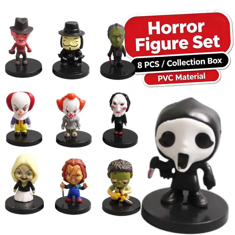 10PCS/set Horror Film Series Jason Freddy Clown Action Figure Toys PVC Model Halloween Gift Vinyl Figurine Doll Gift