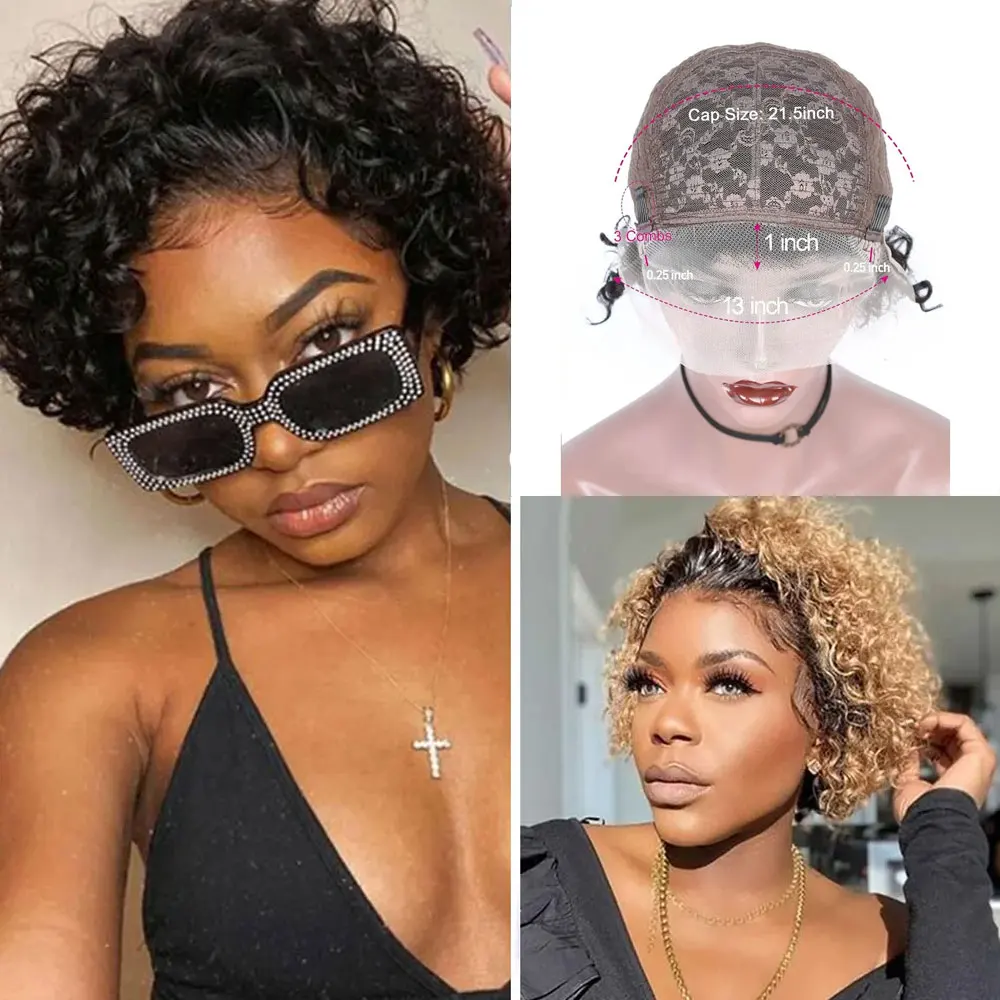 13x1 Curly Wigs Short Black 13x1 Brazilian Human Hair Wigs Pixie Cut 13x1 Lace Frontal Wigs For Women Hair Extensions