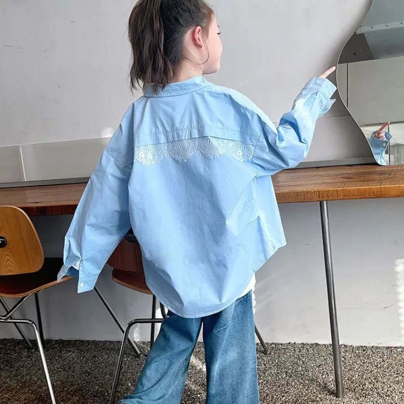 Girl's Lace Detailing Long Sleeve Blouse Mid Length Loose Fit Tween Open Collar Spring Fall 2026 Collection