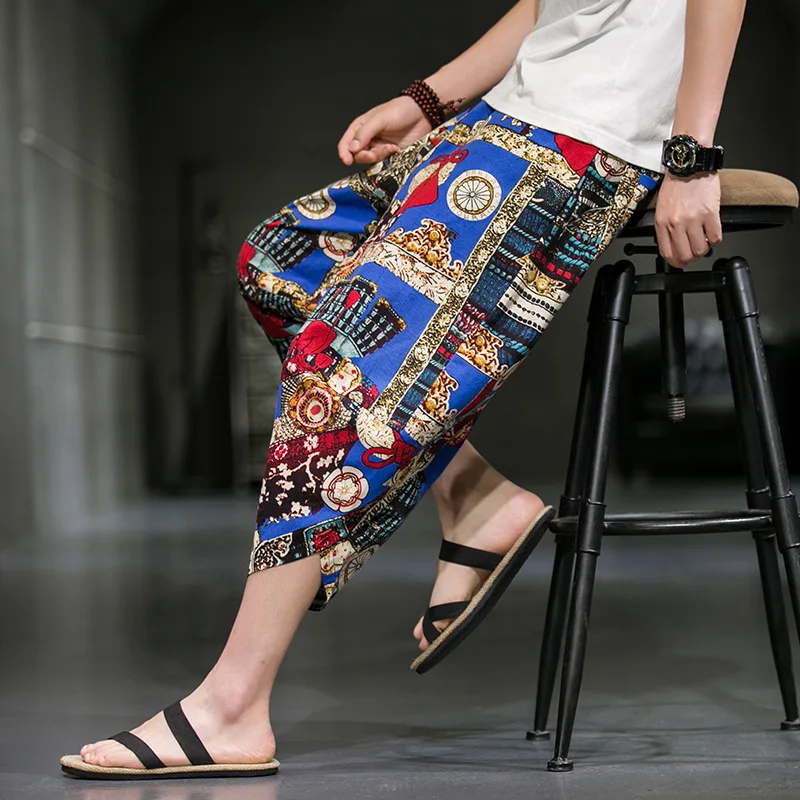 

2022 Chinese Style Summer Men's Cotton and Linen Loose Cropped Printing Lace-up Harem Pants