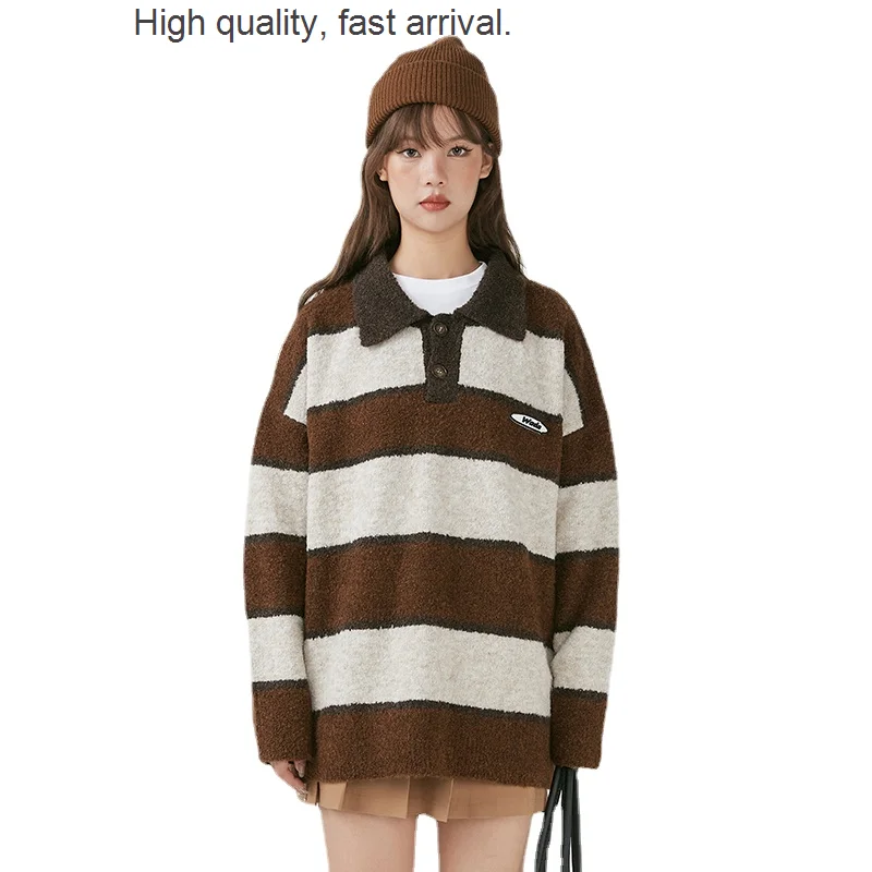 

Retro American Style College Style Contrast Color Striped Polo Collar Knitwear Sweater Loose Male and Female Trendy Brand