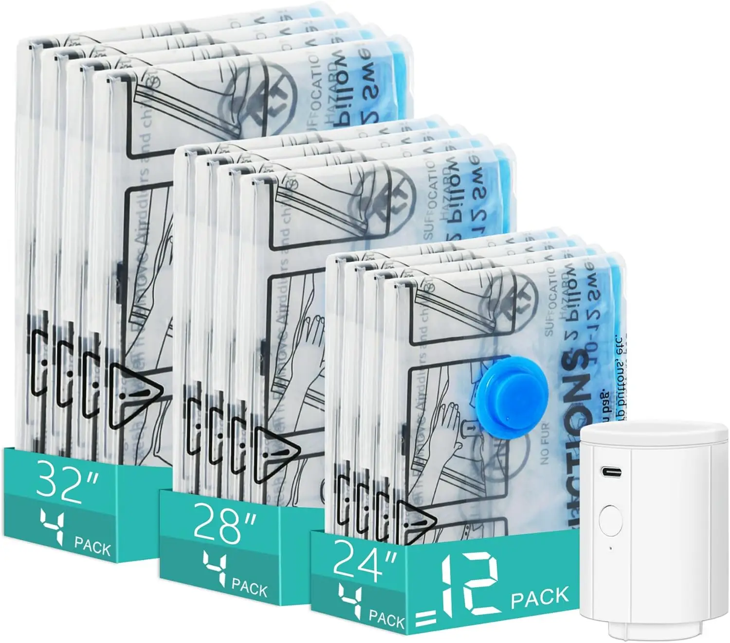 12 Pack Vacuum Bags with Rechargeable Pump, 4 Large 4 Medium 4 Small for Travel
