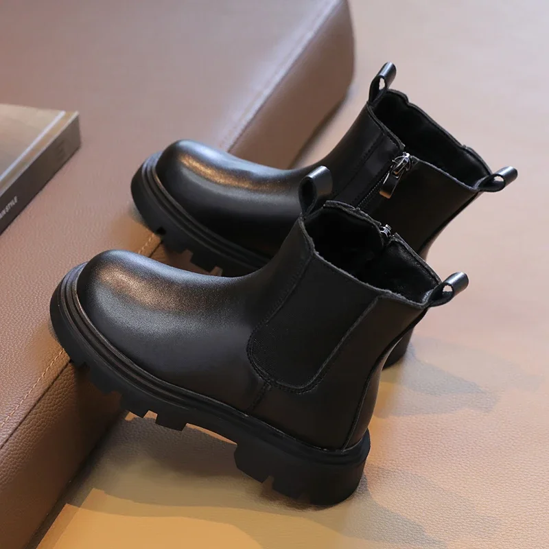 Toddlers Girls Leather Boots Round Toe Children Ankle Boots Side Zipper Walking Non-slip Kids Black Platform Boots Soft Soled