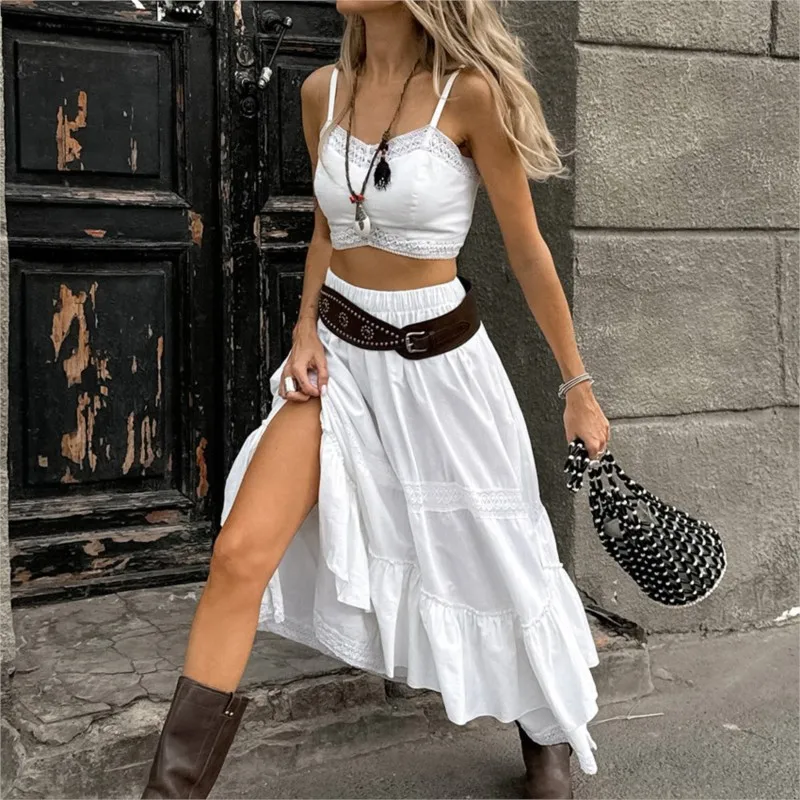 

White Long Skirt Two Piece Set Women's Summer Vest Camisole Top Pleated Slit Skirt Set Casual Holiday Party Skirt Set