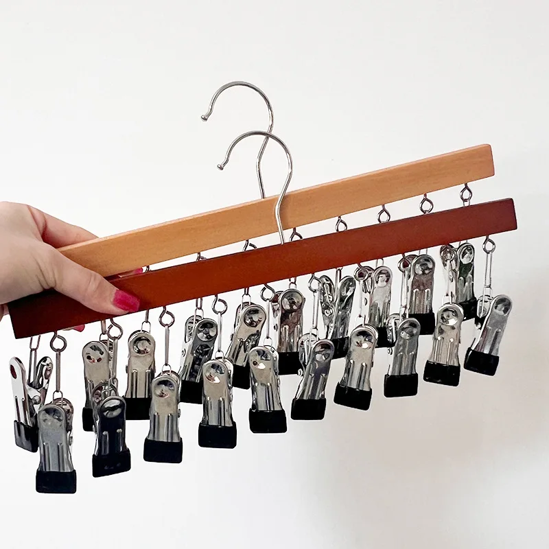 

5Pcs Wooden Trouser Clip Household Seamless Stainless Steel Multi-functional Wardrobe with Clip Skirt Pants Hanger Storage
