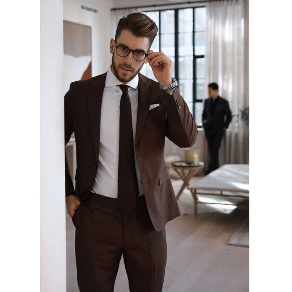 Luxury Brown Full Elegant Men's Suits Notch Lapel 2 Piece Jacket Pants Male Clothing Slim Fit Formal Business Blazer Sets