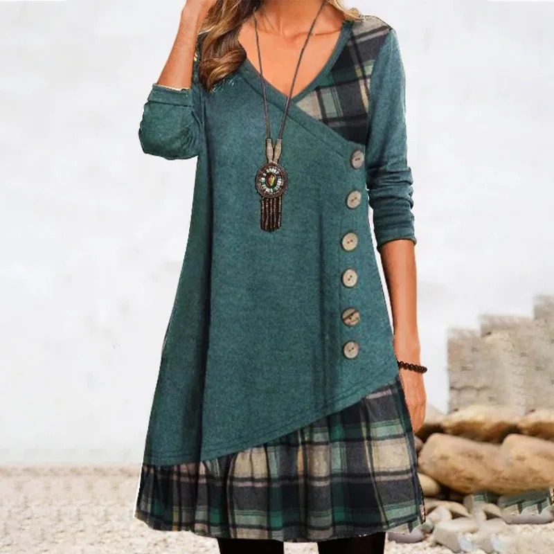 

Casual Plaid Spliced Dresses for Women Fashion Autumn Winter Female Vintage Button Long Sleeve Loose V-Neck Patchwork Dresse