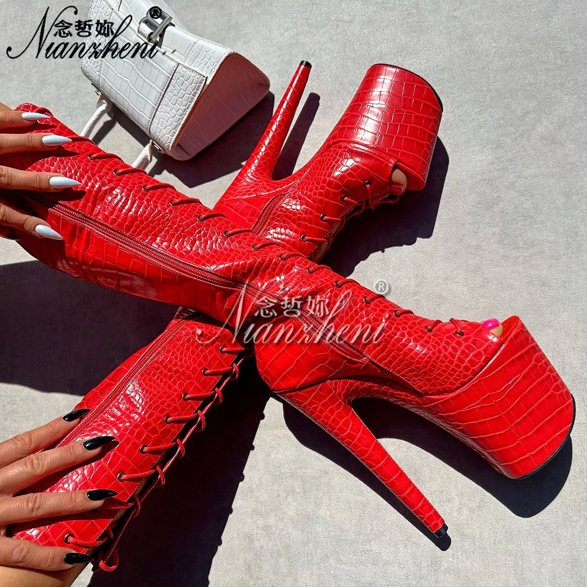 8Inch Red Women Shoes Knee High Boots Open Toe 20cm Heels Gothic Mid-Calf Thin Heels Crossdresser Pole Dance Nightclub Exotic