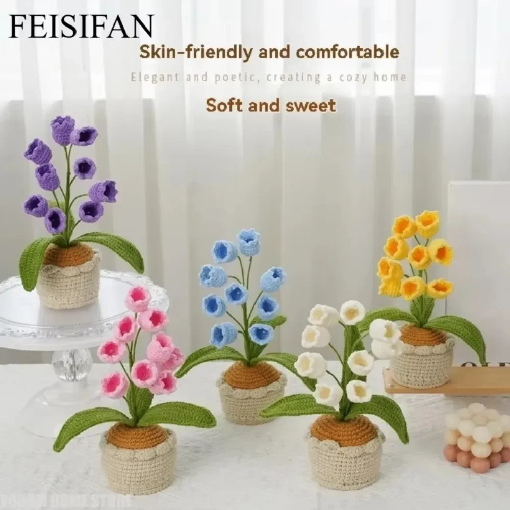 Soft Milk Cotton Wool Hand-Crocheted Potted Lily of the Valley,Nine Blooms Design,Delicate Desktop Ornament and Creative Present