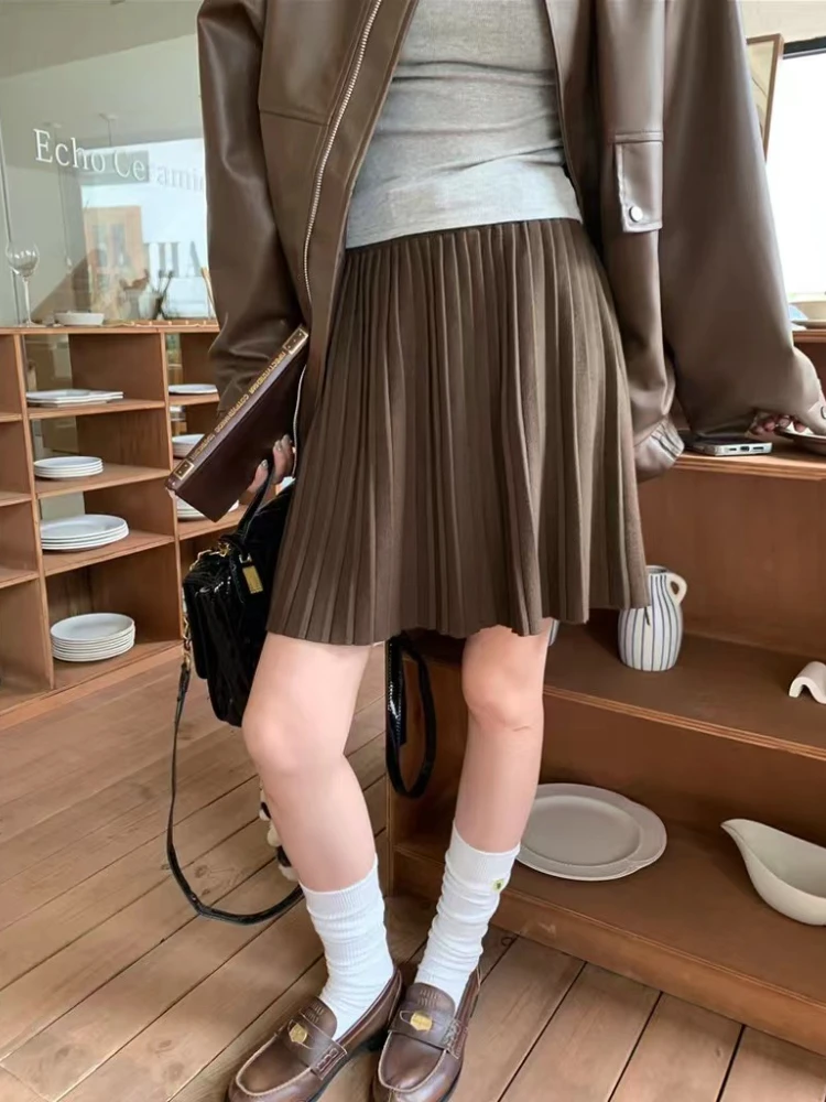 Autumn Winter Women's Knitted Pleated Skirt with Belt Grey White High Waist A Line Skirt Girl's Student Short Mini Skirt Women