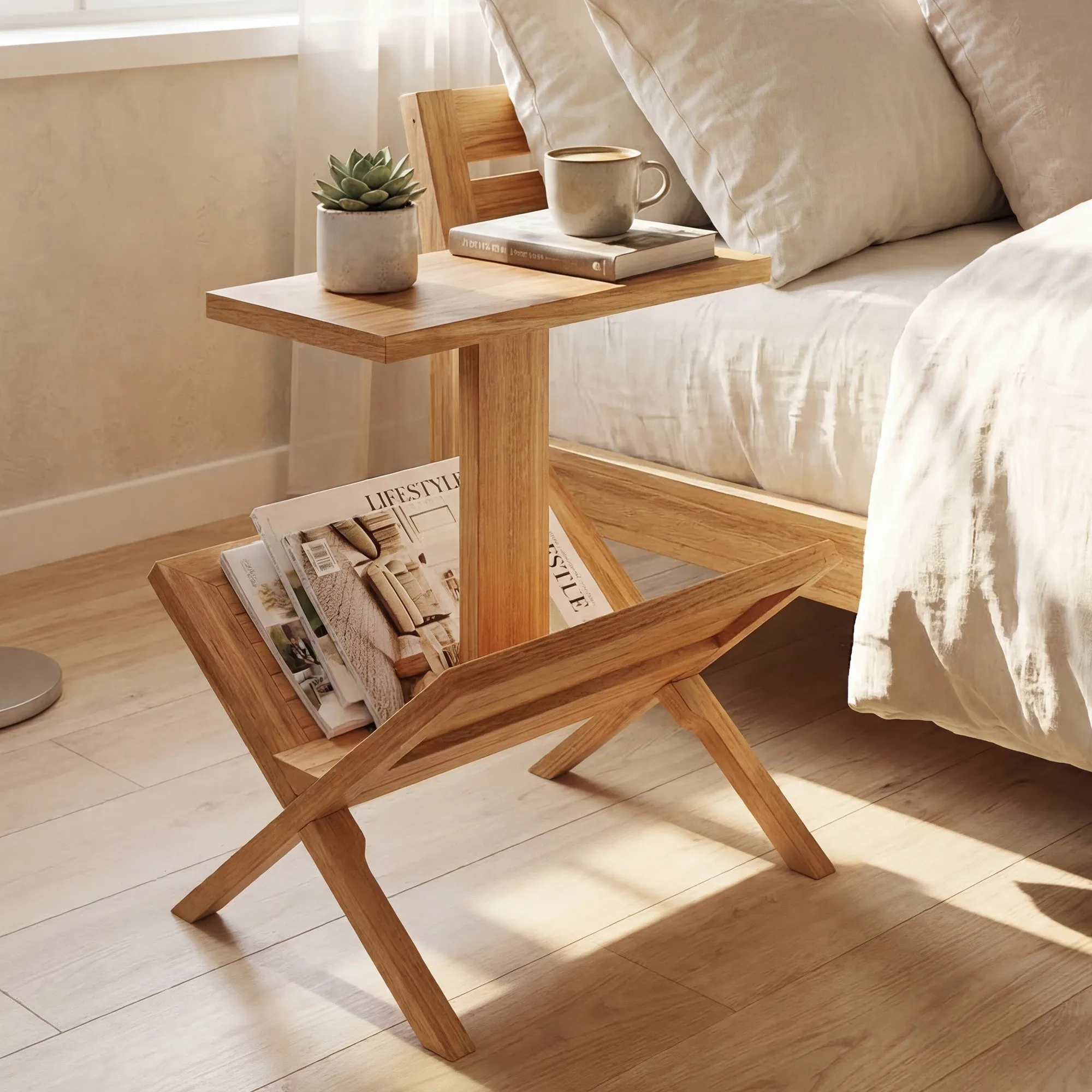 2-Tier Bookshelf, Small Bookcase with Teak Wood Frame and Anti-Slip Foot Mats