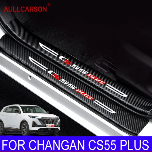 Imagen 1 del producto Pegatinas de cuero para el alféizar de la puerta del coche, placa de protección, accesorios de tira de umbral de fibra de carbono para Changan CS55 Plus 2022 2023 2024