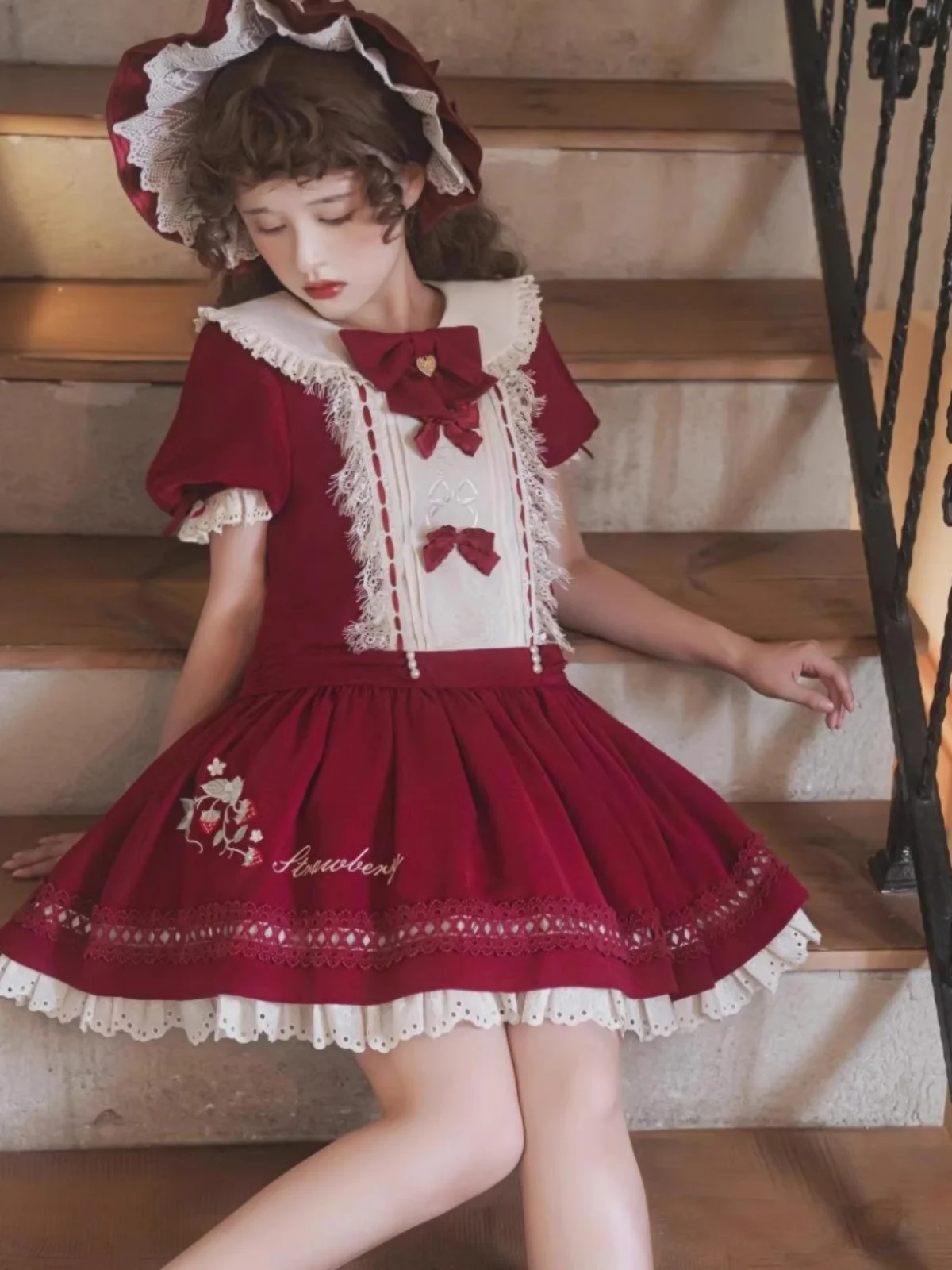 

Original Lolita Strawberry Bow Doll Neck Dress Genuine Lolita Princess Op Girlfriend Dress Dresses Women's Sweet Loli Tea Party