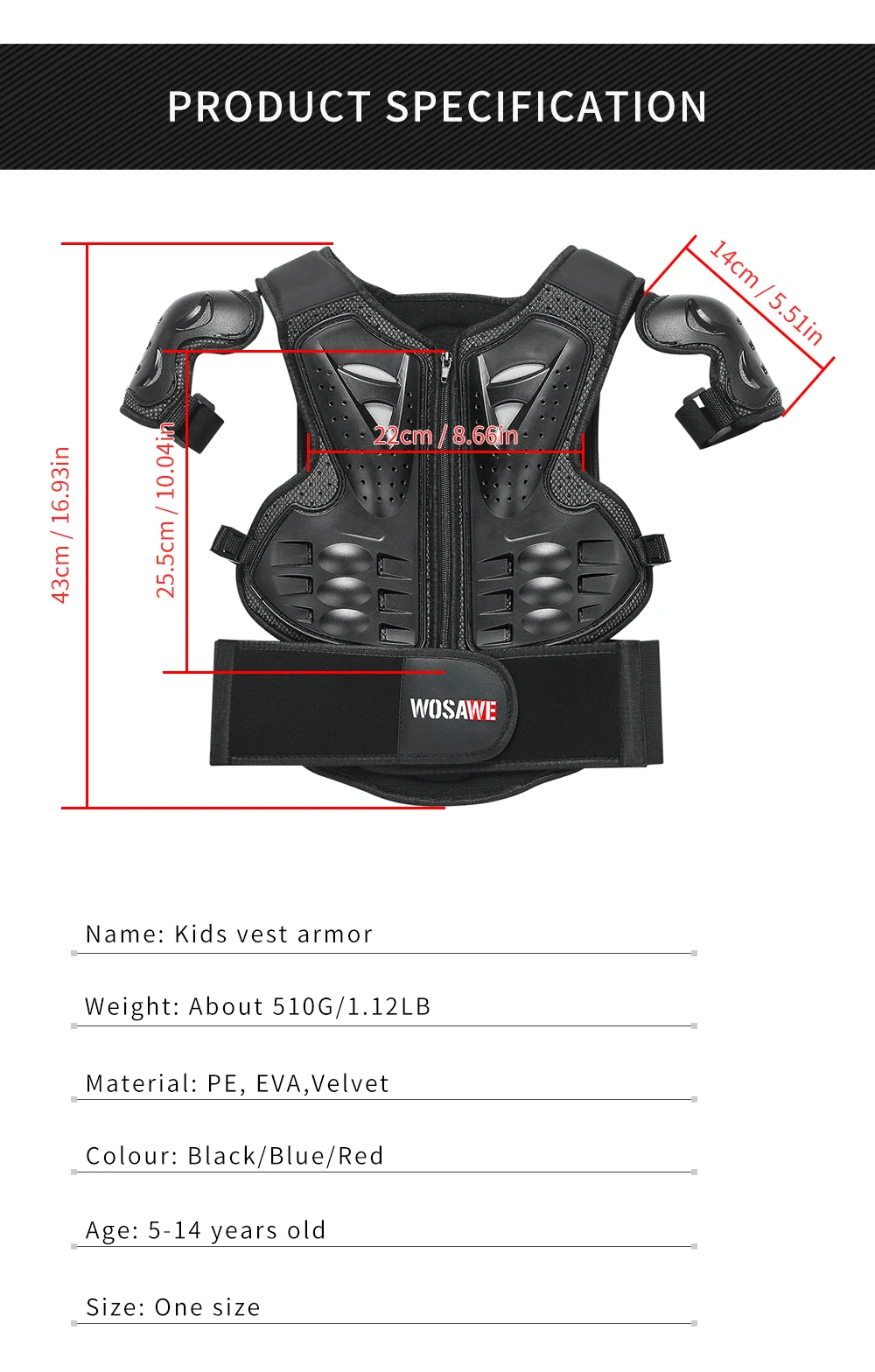 WOSAWE Kids Sports Elbow Knee Pads Boy Girl Youth Body Protect Vest Armor Child Motocross Chest Spine Protection Gear Knee Guard