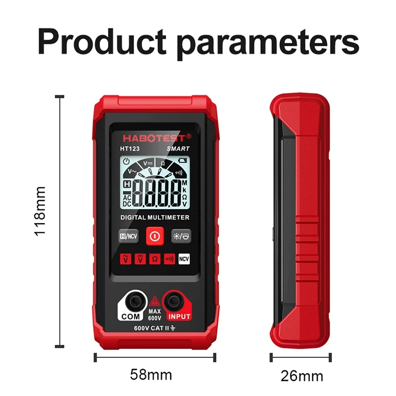 HT123 Smart Digital Multimeter Voltage Meter Auto Range Multimeter NCV AC DC Voltage Resistance Continuity Tester with Backlight