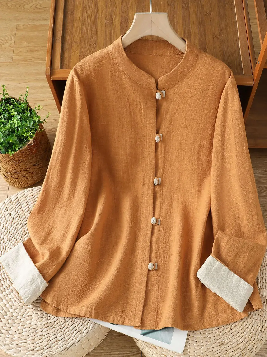 

Retro Chinese Collar Long Sleeve Cotton Linen Shirt Women's Vintage Zen Study Tea Clothing Open Cardigan Top Color Collision