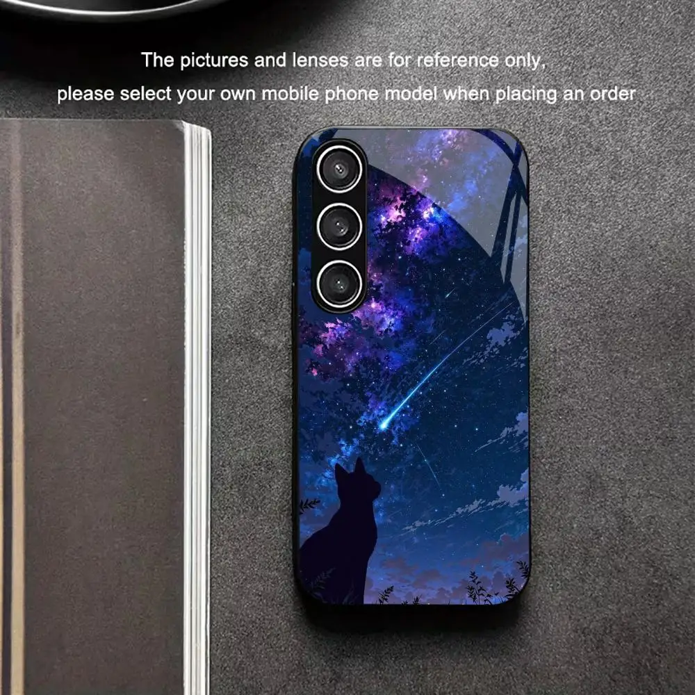 Night cat tempered glass phone case suitable for Samsung Galaxy S26 S25 S24 S23 S22 S20 FE/Ultra/Plus anti fall back cover