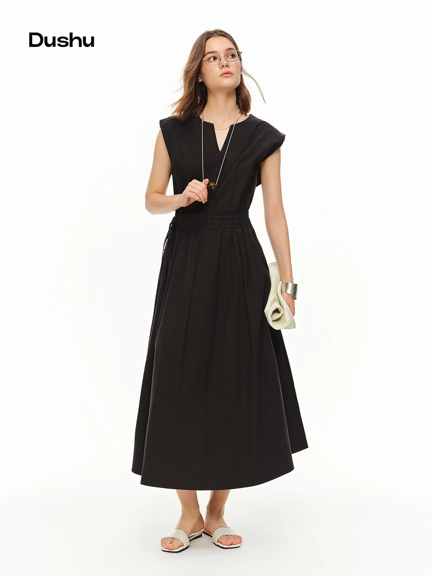 

DUSHU 2026 Summer Women V-Neck Waist-Cinching A-Line Midi Dress Intellectual Sleeveless Office Slip Quiet Luxury Poetcore Style
