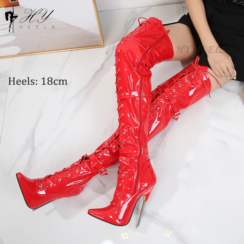 18CM bardzo wysokie obcasy szpiczasty nosek buty do kolan Patent PU szpilki metalowe obcasy Zip krocza dลugie buty wykonane na zamรณwienie