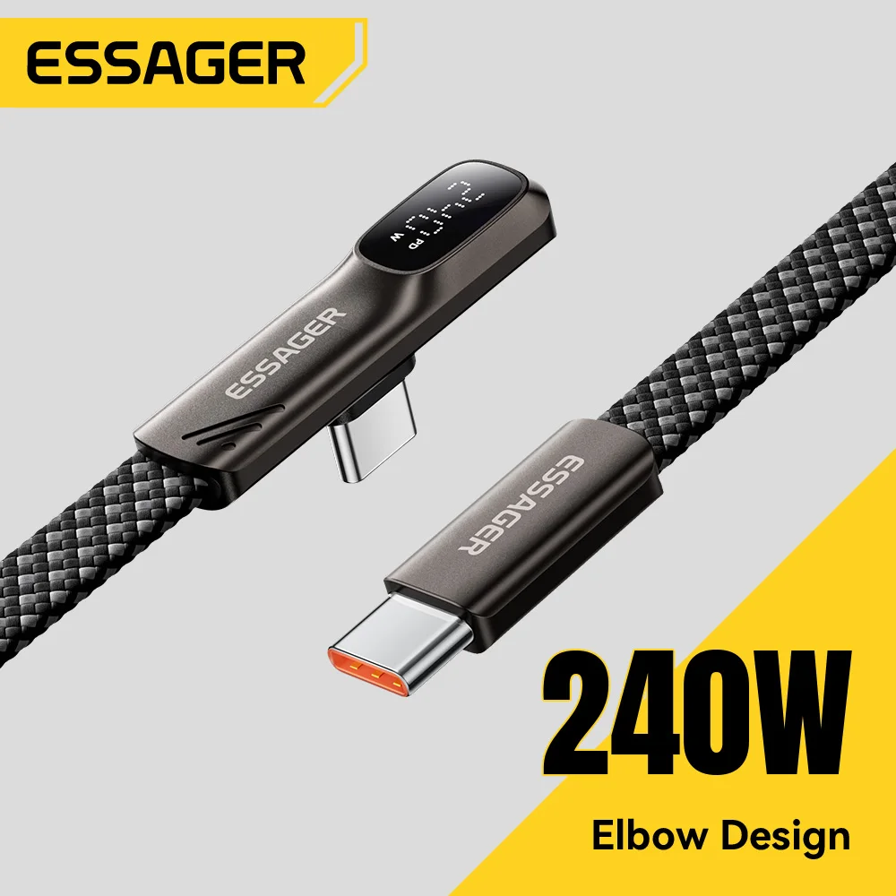 Essager Elbow 240W Type C to Type C Cable Digital Display 5A PD Fast Charging Wire For iPhone 17 16 MacBook Pro Samsung Huawei