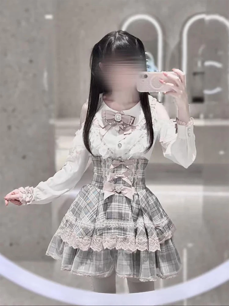 Japanese Style Long Sleeve Shirt Women's High Waist A-Line Skirt Two-Piece Set Autumn 2026 New Plaid Patterned Slim Fit Outfit