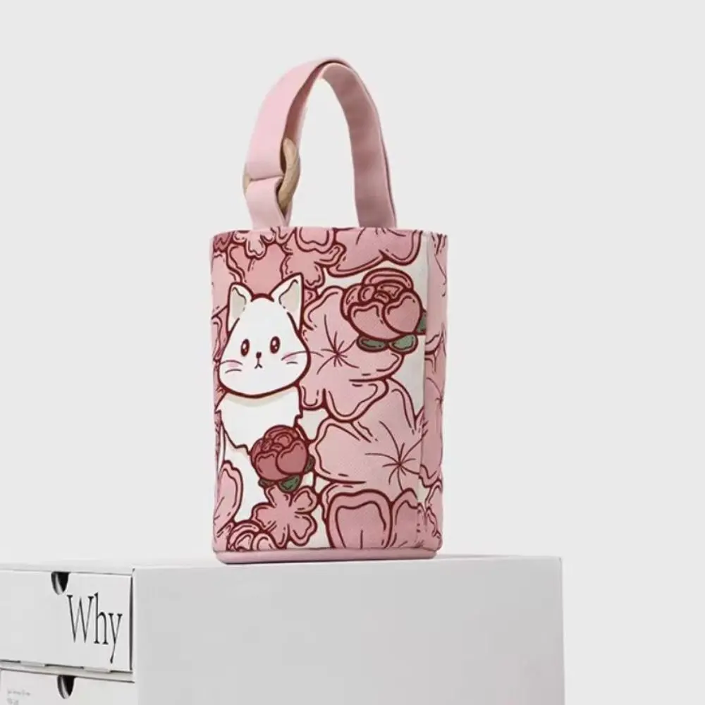 

New Canvas Lovely Cat Bucket Bag Cartoon Printed Portable Cylinder Bags Waterproof Tote Bag