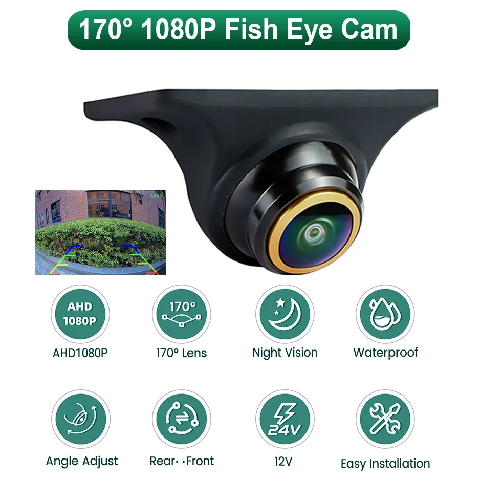 

AHD 1080P Front Side Rear View Camera Night Vision 170 Degree Golden Fisheye Lens Car Reverse Backup Cam 360 Degree Adjustable