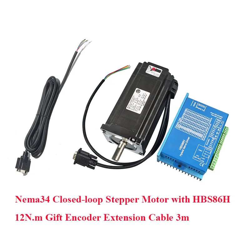 86HSE12N Nema34 Closed-loop Stepper Motor with High Performance Hybrid Stepper Driver HBS86H 3m Encoder Extension Cable Set CNC