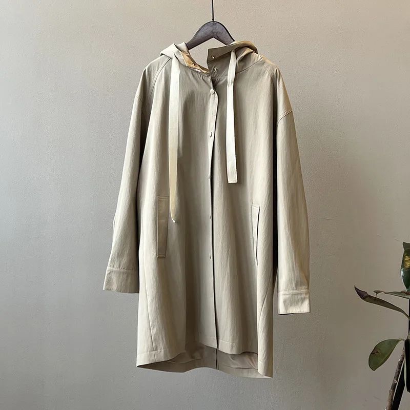 WTHT 2025 Spring Fashion Women's Drawstring Design Hooded Casual Trench Coat Long Sleeves Loose Windbreak Female 1LS800