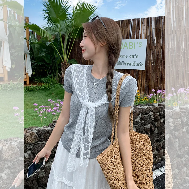

Летний наряд OOTD, искусственная двухсекционная кружевная шаль, трикотажная футболка с круглым вырезом и короткими рукавами для женщин, новый милый повседневный топ