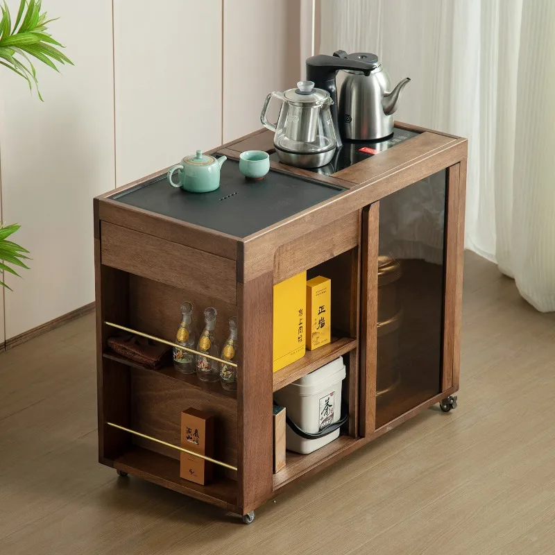 Solid wood mobile tea cart, multi-functional storage side table