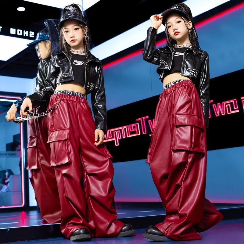 2024 novos trajes de dança hip hop para meninas casaco preto calças de couro vermelho streetwear terno crianças moderno jazz roupas palco dqs17958