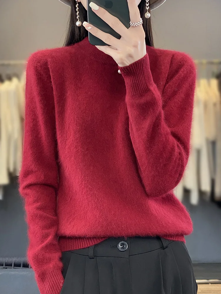 Women's O-Neck Cashmere Knitted Sweaters  Autumn Winter Fashion Long Sleeve Pullover New 100% Mink Cashmere Female Clothing