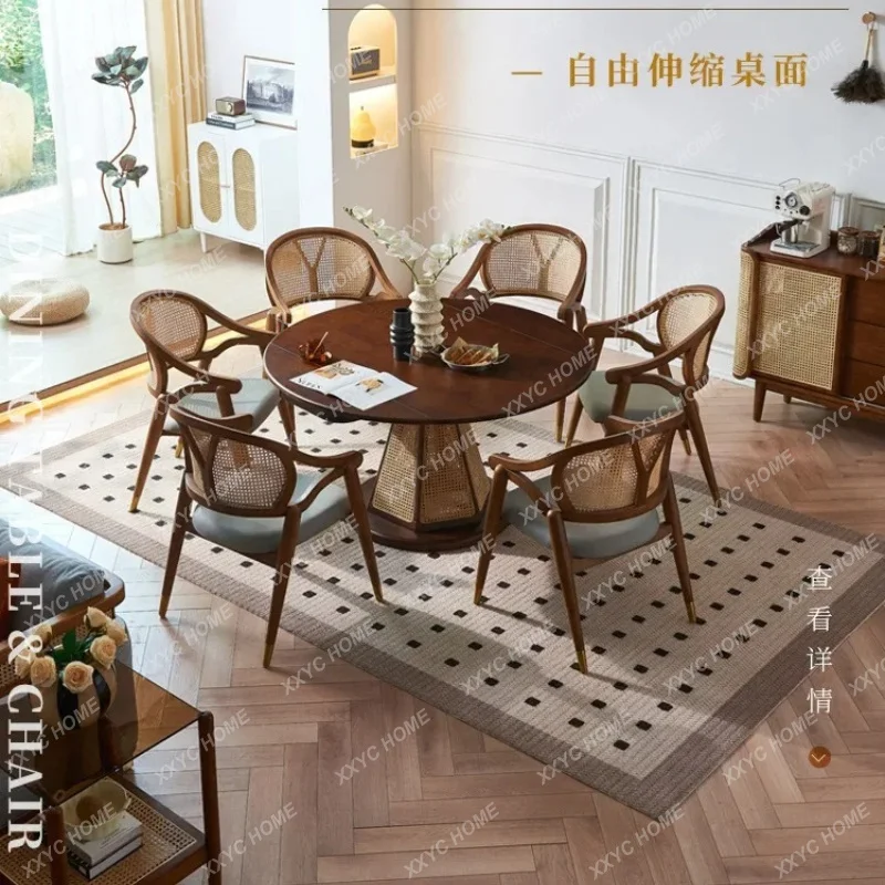 XXNew Chinese Style Round Rattan Solid Wood Dining Table Rotatable Folding Extendable Space Saving For Small Apartment